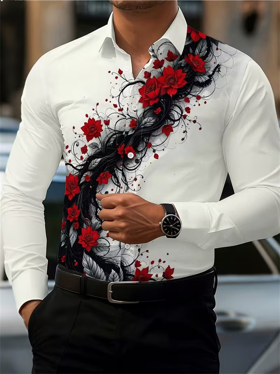 Men's Red Rose Print Long-Slee - Mens Fashion Clothes ulasan dan harga